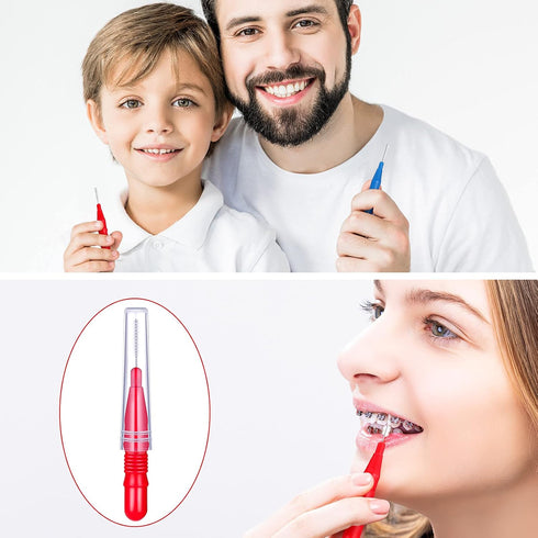 Patelai 50 Pieces Braces Brush, Interdental Brush Toothpick Dental Flossing Head for Oral Hygiene, Red, Blue
