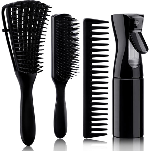 4pcs Curly Hair Brush Set - Detangling Brush for Adult & Kids Wet or Dry Hair with Hair Detangler Brush Spray Bottle