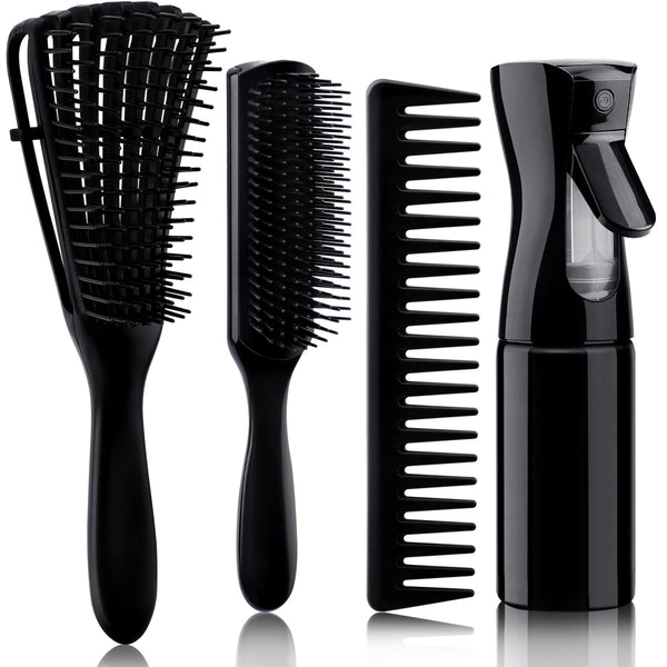 4pcs Curly Hair Brush Set - Detangling Brush for Adult & Kids Wet or Dry Hair with Hair Detangler Brush Spray Bottle