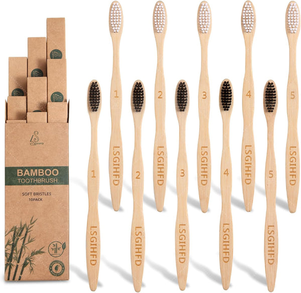 Bamboo Toothbrushes (10 Pack), BPA Free Soft Bristles, Natural Wood Bulk, Reusable Travel Toothbrushes