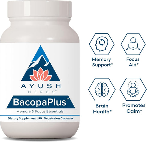 Ayush Herbs BacopaPlus - Ayurvedic Supplement for Focus and Cognitive Support, 90 Vegetarian Capsules
