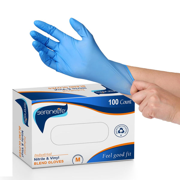SereneLife Medium Nitrile Disposable Gloves, Latex & Powder Free, Soft & Comfortable Fit, 100 Pack for Kitchens, Food
