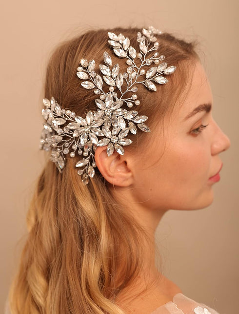 Rhinestone Crystal Flower Bridal Hair Comb, Wedding Headpiece for Bride and Women, Silver