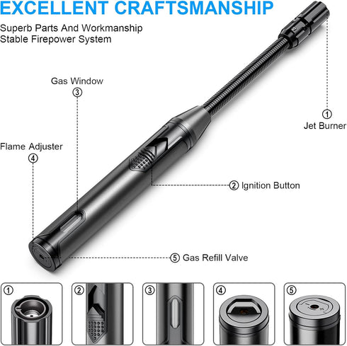 Torch Lighter Refillable Butane Lighter - Long Flexible Neck Multipurpose Lighter for Candles and BBQ