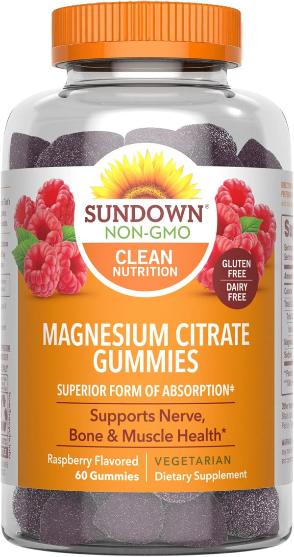 Sundown Magnesium Citrate Gummies, 60 Count, Supports Nerve, Bone & Muscle Health, Vegetarian, Raspberry Flavored