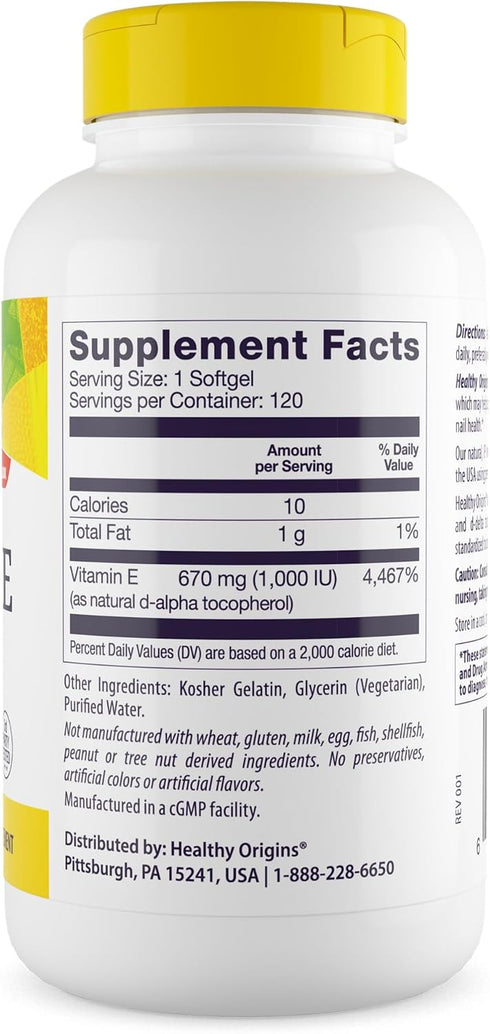 Healthy Origins Vitamin E, 1,000 IU (Natural) Mixed Tocopherols, 120 Softgels