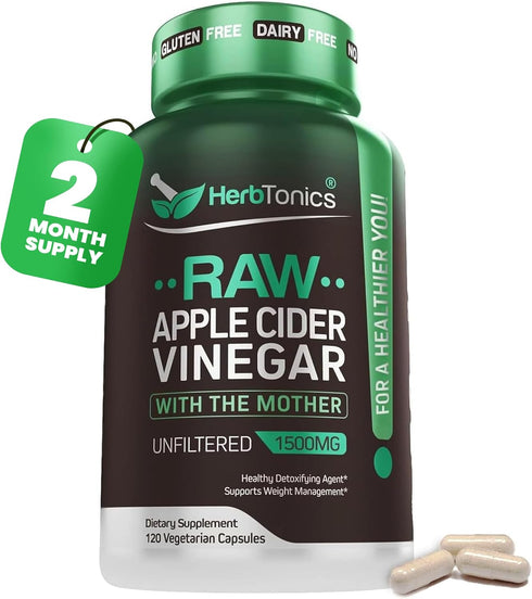 Herbtonics Raw Apple Cider Vinegar Capsules 1500mg with Mother | Detox, Digestion & Weight Management Formula with