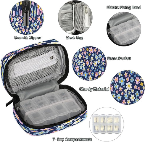 Honeybaby Small Flowers Printed Pill Case Bag Portable Weekly Pill Organizer Travel Pill Organizer Case Bag with Zipper