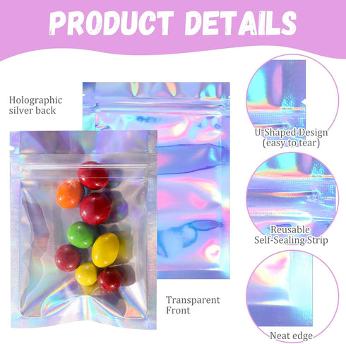 Blulu 100 Pieces Resealable Foil Proof Bags, Iridescent Scent Proof Flat Pouch Clear Smell Sealable Packing Bags for