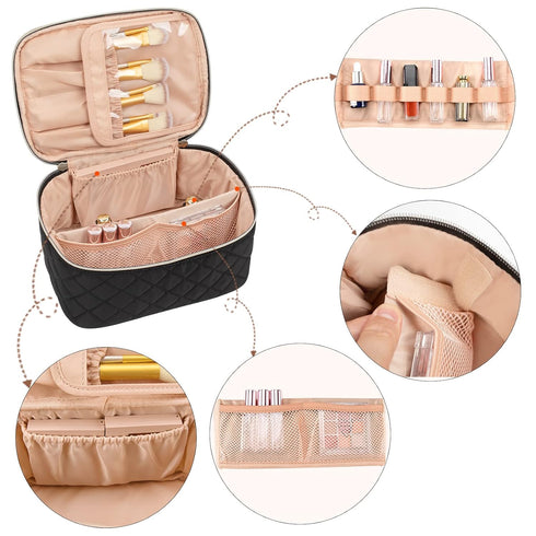 OCHEAL Portable Cosmetic Bag, Large Capacity Travel Makeup Case Organizer, Rhombus Black Toiletry Bag for Girls