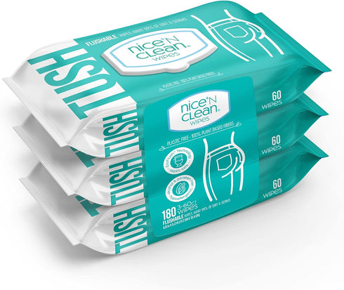 Nice 'N Clean Adult Flushable Wipes (3 x 60 Count) | Plant-Based Personal Cleansing Wipes with Aloe & Vitamin E