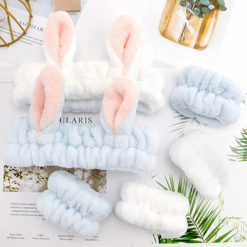 YISSION 6Pcs Face Wash Headbands and Wristbands Set, Bunny Ears Spa Headband for Women Girls Washing Face (Blue White)