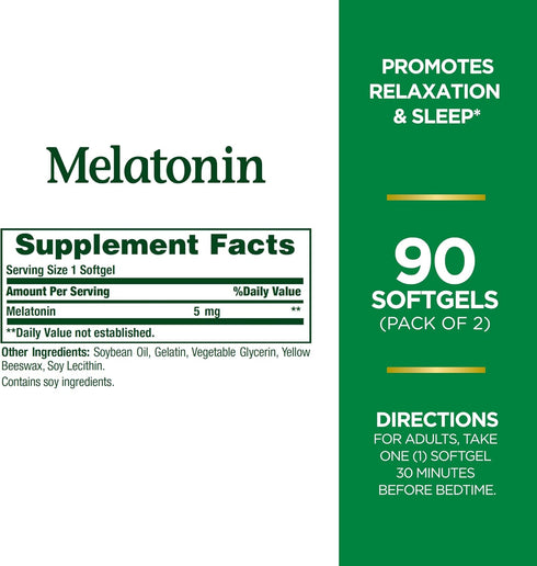 Nature's Bounty Melatonin 5mg 90 Softgels | 100% Drug Free Sleep Aid for Relaxation & Sleep Health