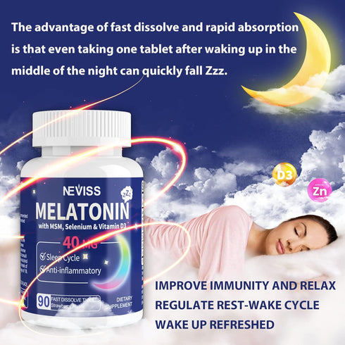Melatonin 40 mg for Adults - Fast Dissolve & Chewable Sublingual Sleep Supplement with Vitamin D3 & MSM, 180 Servings