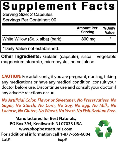 Best Naturals White Willow Bark 400 mg, 180 Capsules (Pack of 3)