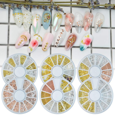 Nail Studs 3D Nail Charms Decals for Women, 6 Box Metal Mixed Shaped Rhinestones Jewelry Caviar Beads Kit