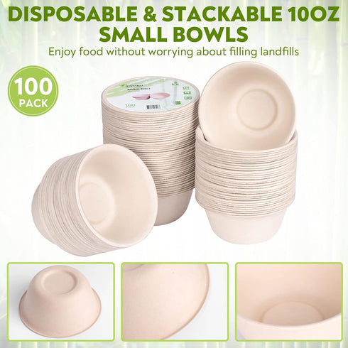 10 Oz Bamboo Disposable Bowls, 100 Pack Heavy Duty Soup Bowls, Microwavable, Eco-Friendly, Leak-Proof