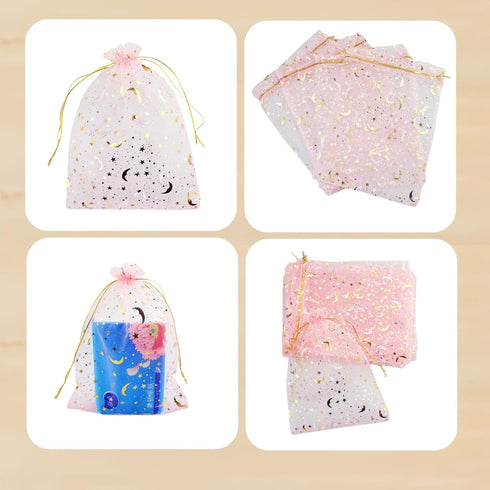 QIANHAILIZZ 100 Pack 7x9 Inch Moon Star Organza Jewelry Gift Pouch, Drawstring Wedding Favor Bags, Pink