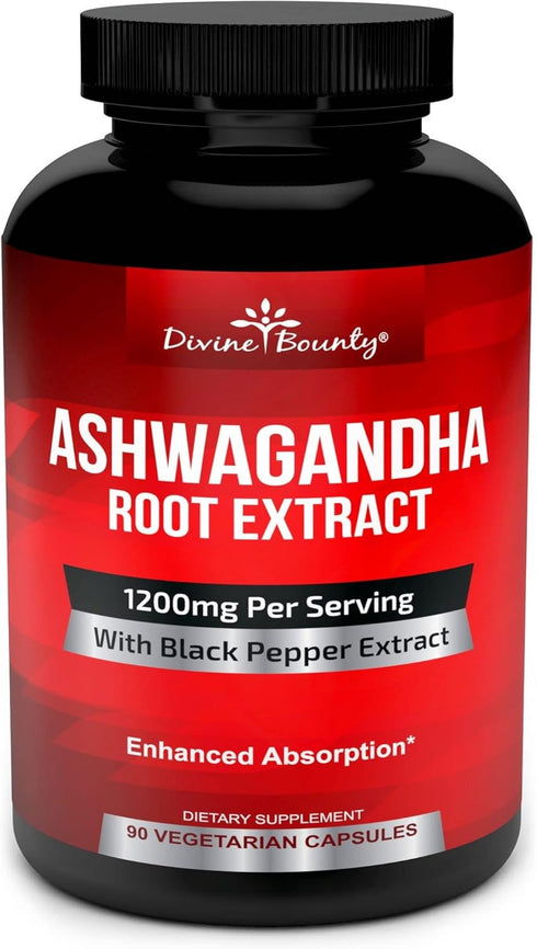 Divine Bounty Organic Ashwagandha Capsules, 1200mg with Black Pepper, 90 Veggie Capsules for Mood Support