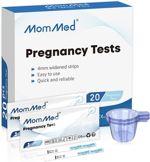 MomMed Pregnancy Test - 20 HCG Strips for Early Detection, Over 99% Accurate, Includes 20 Free Urine Cups