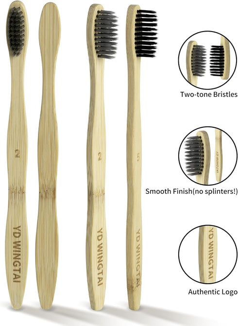 YD WINGTAI 12pack Biodegradable Bamboo Toothbrushes Non Plastic Toothbrush Natural Wooden Travel Size Organic Charcoal