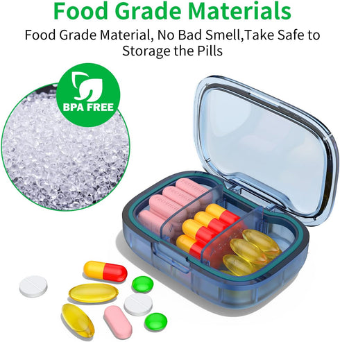 2 Pack 3 Compartment Small Pill Box, Moisture Proof Travel Pill Organizer for Pocket Purse, Daily Portable Medicine Box