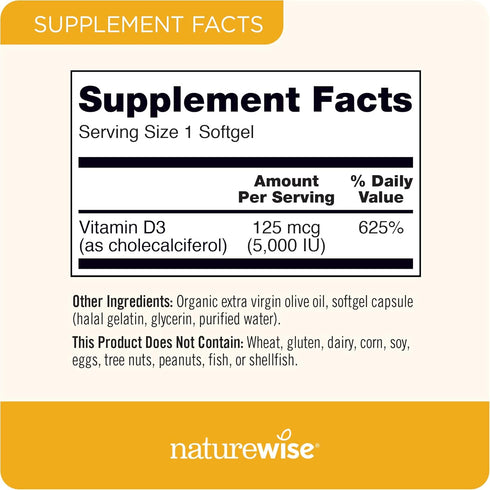NatureWise Vitamin D3 5000iu (125 mcg) Healthy Muscle Function & Immune Support, 200 Count