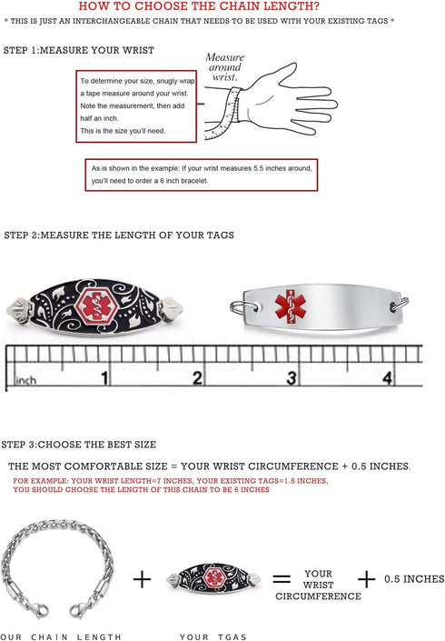 LinnaLove Stainless Steel Interchangeable Chain for Medical Alert Bracelets for Women and Men