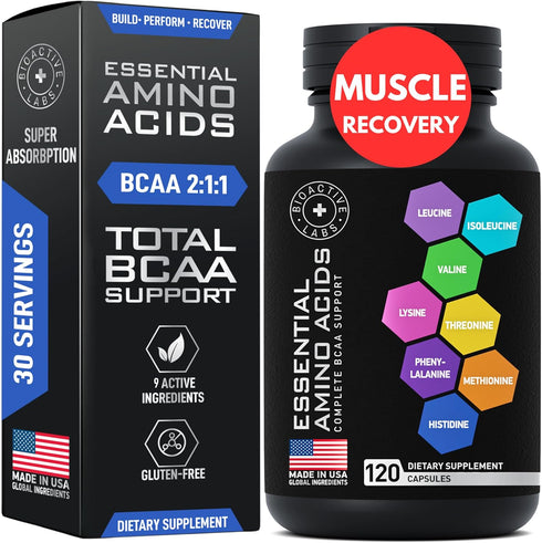 Essential Amino Acids Complex for Men & Women - Vegan BCAA Supplement with All 9 BCAAs, 120 EAA BCAA Pills for Recovery