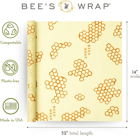 Bee's Wrap Beeswax Wraps for Food - Honeycomb Cut to Size 14x52" Wax Paper Roll, Organic & Eco-Friendly Alternative