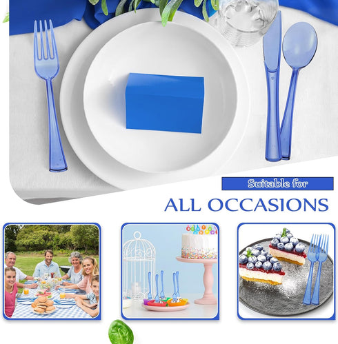 150 Pieces Disposable Cutlery Set Plastic Silverware Heavy Duty Utensil Sets 50 Forks 50 Knives 50 Spoons for Home Office School Party Picnics Restaurant Outdoor Events or Every Day Use (Blue)