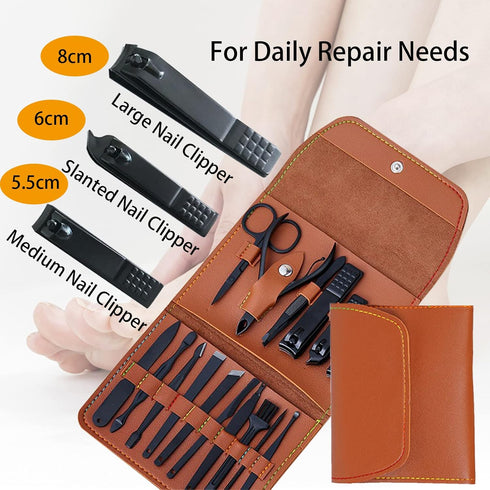 Professional 16 in 1 Manicure Pedicure Set - Stainless Steel Nail Clipper Tools with Portable Leather Case, Gift for
