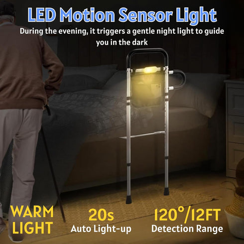 Jesosia Rails for Elderly Adults Safety - Medical Assist Rail with Motion Sensor LED Light & Pouch - Adjustable Cane