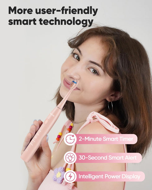 MySmile DY156 Electric Toothbrush for Adults - Rechargeable Sonic Toothbrush with 3 Brush Heads, Pink