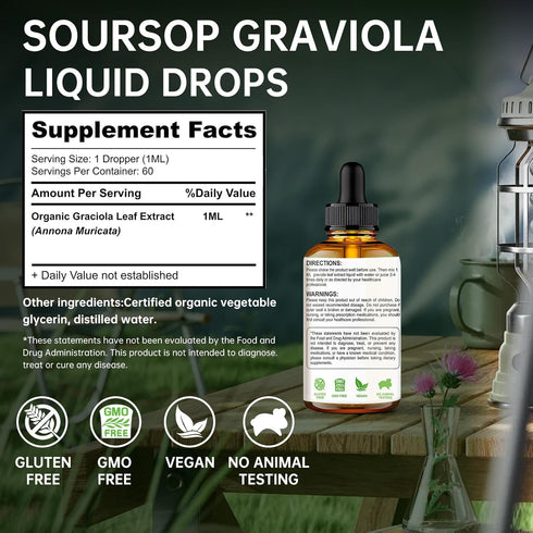 Mineral Supplements Soursop Graviola Leaf Extract Liquid Drop Plus Pure Botanical for Cell Support, Zzz & Antioxidant - Soursop Bitters Liquid, 2-4 Month Supply, 2 Fl Oz
