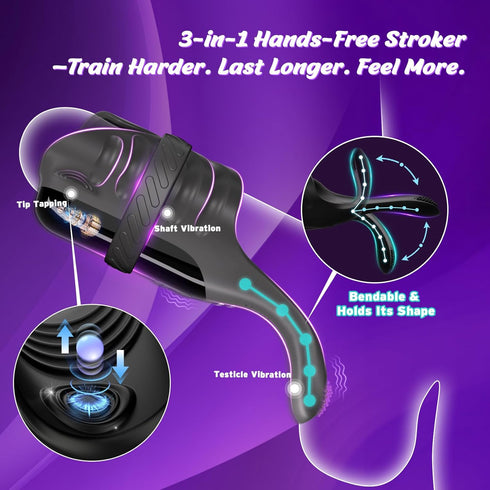 LITLLS Tapping Vibrating Male Masturbator with Bend-to-Fit Testicle Vibrator, Hands Free Penis Vibrator Stroker Trainer