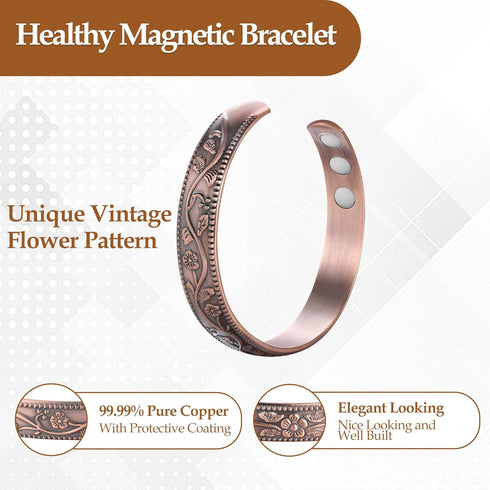 2Pcs Magnetic Copper Bracelets for Women, Vintage Flower 99.99% Pure Copper Cuff Jewelry with 3500 Gauss Magnets