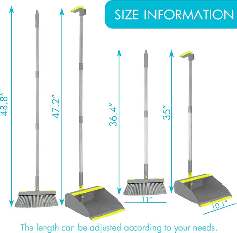 PHYEX 2-Pack Dustpan and Broom Set, Adjustable Handle Dustpan, Broom Combo Set for Home Cleanup (Grey)