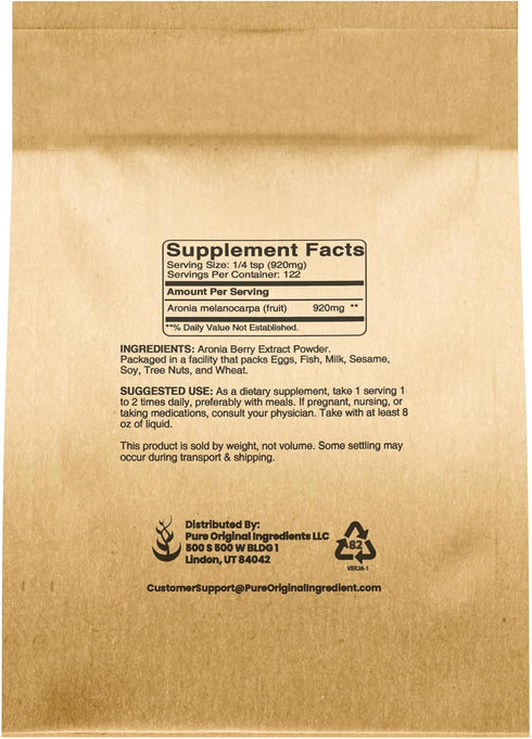 PURE ORIGINAL INGREDIENTS (4 oz) Aronia Berry Powder Fruit Supplement Extract, Always Pure, No Additives Or Fillers