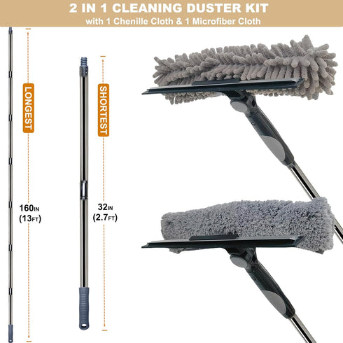 20+ Feet Reach 2 in 1 Window Washing Squeegee & Duster with 3-14 ft Splicable Extension Pole // Window Cleaning Tool & Window Washer Squeegee for Home Indoor Outdoor Window Washing (Grey)