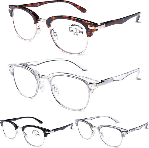 DOOViC 4 Pack Blue Light Blocking Reading Glasses - Anti Eyestrain Fashion Classic Style for Women Men 1.50 Strength
