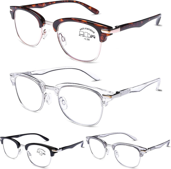 DOOViC 4 Pack Blue Light Blocking Reading Glasses - Anti Eyestrain Fashion Classic Style for Women Men 1.50 Strength