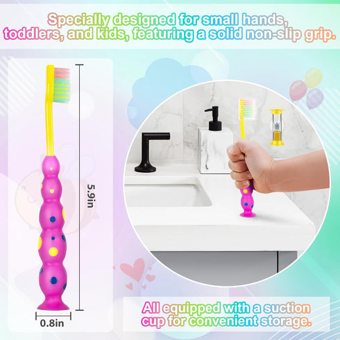 Soft Kids Toothbrushes with Suction Timer - Flossing Bristles, Toddler Toothbrush Set for Ages 3-10, Pack of 4
