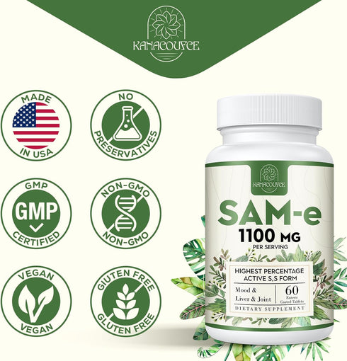 1100mg SAM-e (S-Adenosyl-L-Methionine) Supplement - Highest Concentration of Active S,S Form Same for Mood, Joint &