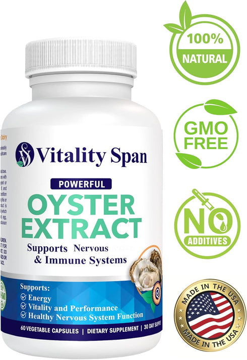 Oyster Extract - Pure, Highly Concentrated Supplement for Men & Women, 500 mg, 60 Veg Capsules - Energy & Immune Boost