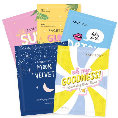 FACETORY Collection Facial Mask Set - Hydrating, Purifying, Soothing, Moisturizing, Pack of 5 Sheet Masks