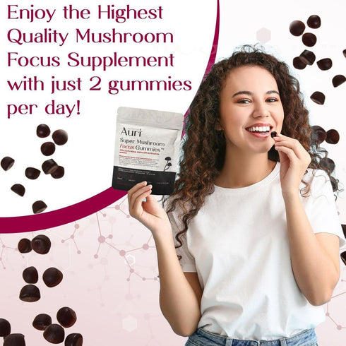 Auri Super Mushroom Focus Gummies - 60 Vegan Friendly Gummies with Lion's Mane, Alpha GPC & Rhodiola for Cognitive