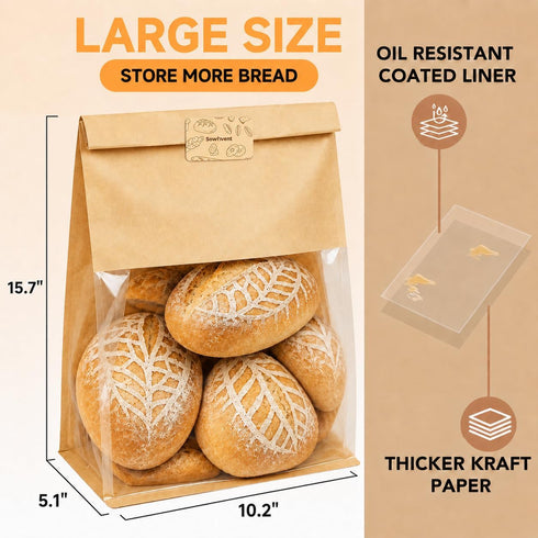 Sowinvent 200 Count, 50% 15.710.25.1 Packaging Extra Large Bread Bags for Homemade, Thicker Sourdough Paper With Ties