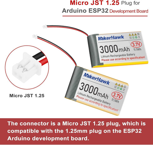 MakerHawk 2PCS 3.7V 3000mAh 103665 JST1.25 1000mA LiPo Battery Rechargeable Plug Lithium Polymer Battery with USB