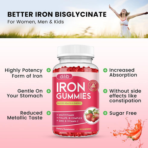 Gummies B12, 60 Gummies Iron with Multivitamin, Iron Supplement for Women & Men with Zinc, Vitamin B Complex & C
